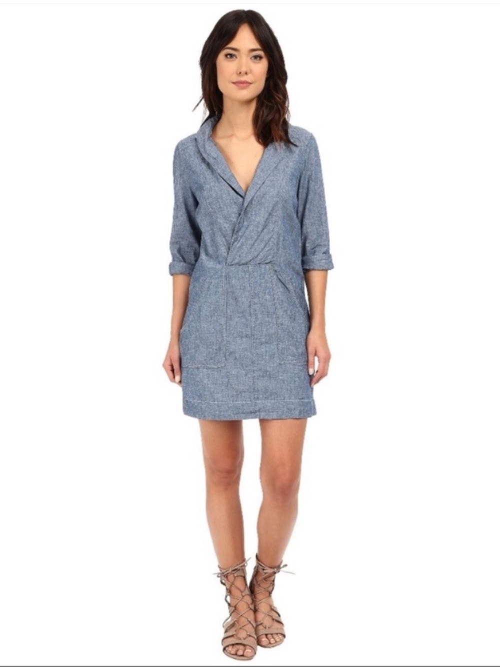 Free People Done Up in Denim Chambray Dress Womens M/L Blue Linen Boho - Picture 4 of 11